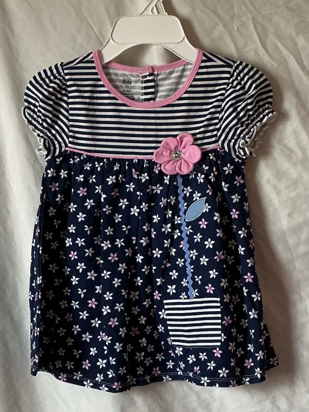 Kids Girls Floral & Stripe Top Size 6X Navy Pink Short Sleeve Pocket Top